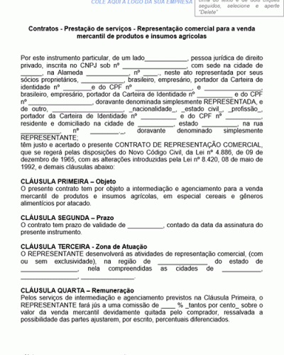 Modelo de Contrato de Prestação de serviços de Representação Comercial para a Compra Venda mercantil de Produtos e Insumos Agrícolas