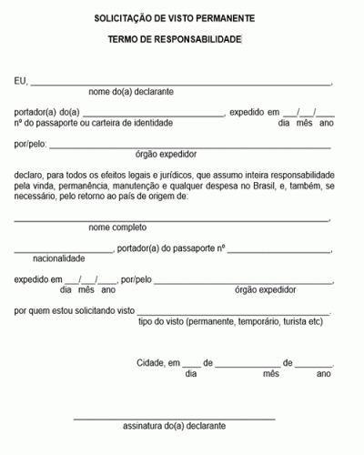 Modelo de Declaração de Compromisso de Manutenção Subsistência e Saída do território nacional do chamante em favor do chamado