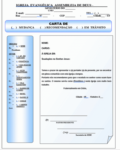 Modelo de Carta de Recomendação Mudança ou Em Trânsito para Igreja - Transferencia - Igrejas Evangélica e Afins