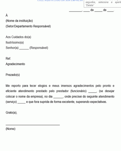 Modelo de Carta de Agradecimento à empresa e/ou funcionário pelo atendimento