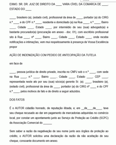 Modelo de Indenização por dano moral ante a inclusão indevida do nome do autor em cadastro de inadimplentes