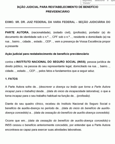 Modelo de Ação Judicial para restabelecimento do benefício previdenciário INSS