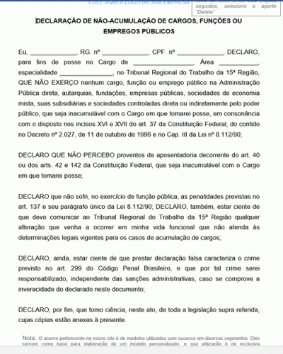 Modelo de Não acumulação de Cargos Funções ou empregos públicos