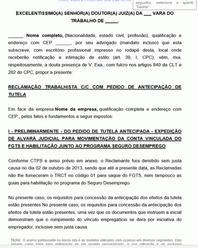 Modelo de Pedido de Tutela Antecipada para saque de FGTS e Habilitação do Seguro Desemprego