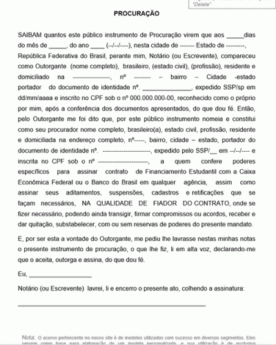 Modelo de Procuração para assinatura de Contrato FIES