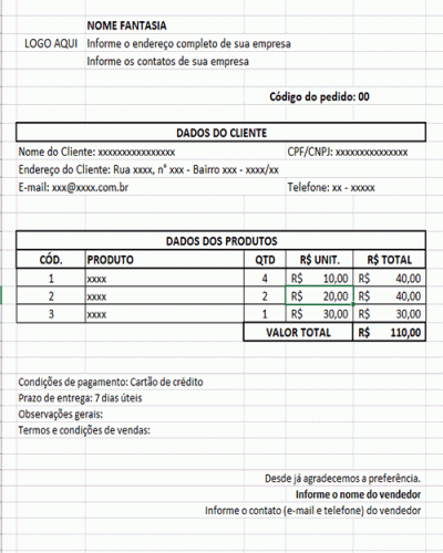 Modelo de Orçamento com Pedido - Formato Excel