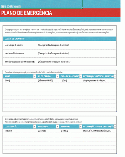 Modelo de Planilha para Plano de Emergência Familiar - Informações para uma situação de SOS Socorro
