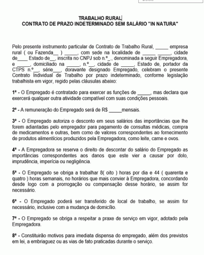 Modelo de Contrato de Trabalho Rural - Contrato de Prazo Indeterminado Sem Salário In Natura