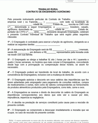 Modelo de Contrato de Trabalho Rural - Contrato de Engenheiro Agrônomo