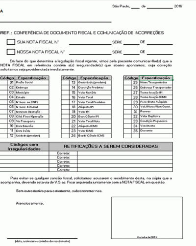 Modelo de Carta de Correção de Nota Fiscal