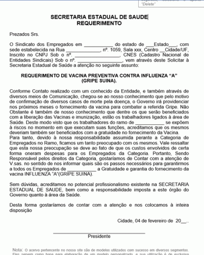 Modelo de Requerimento Solicitando a Liberação da Vacina Preventiva contra a Influenza - H1N1 Gripe Suina