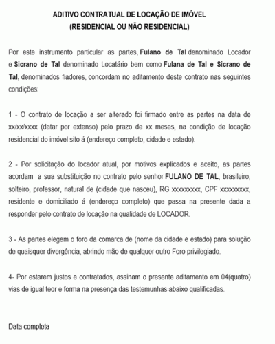 Modelo de Termo Aditivo Contratual de Locação para alteração de Locadora