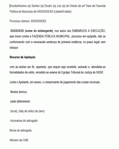 Modelo de petição de apelação em um processo de Embargos à Execução Fiscal