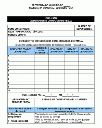 Modelo de Exclusão de Dependente do Imposto de Renda