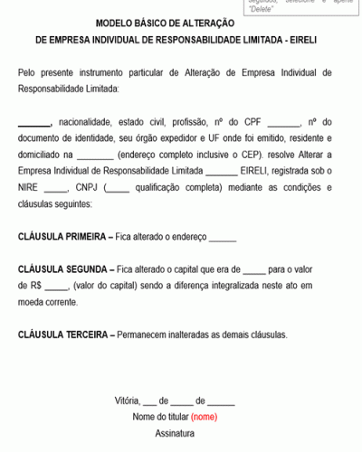 Modelo Básico de Alteração de Empresa Individual de Responsabilidade Limitada - EIRELI