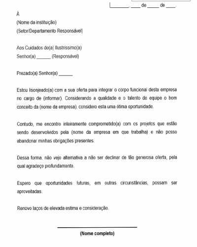 Modelo de Carta de Recusa de Oferta de Emprego Vaga Trabalho