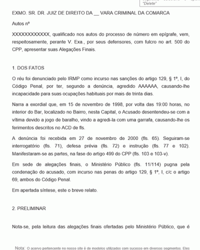 Modelo Alegações Finais - Defesa - Penal - Peculato Art. 312 CP