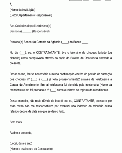 Modelo de Carta de pedido de sustação de cheque furtado