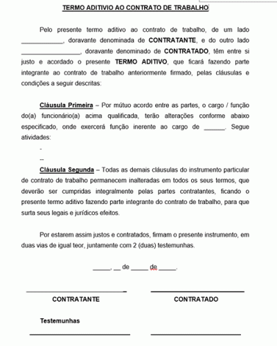 Modelo De Termo Aditivo De Contrato De Trabalho Para Alteração De Cargo