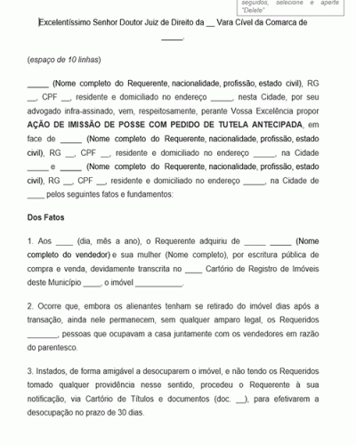 Modelo de Ação de Imissão de Posse com Pedido de Tutela Antecipada