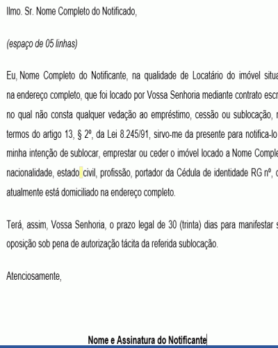 Modelo de Notificação para possibilitar sublocação cessão ou empréstimo não consentido