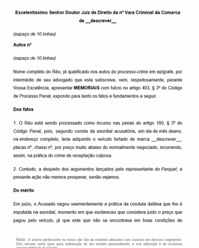 Modelo de Petição de Memoriais - solicitação de absolvição cfe Art 386 III CPP