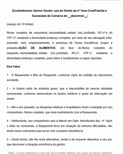 Modelo de Petição de Alimentos – Requeridos por filha maior - Conforme Novo CPC