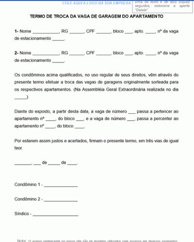 Modelo de Termo de Troca da Vaga de Garagem do Apartamento