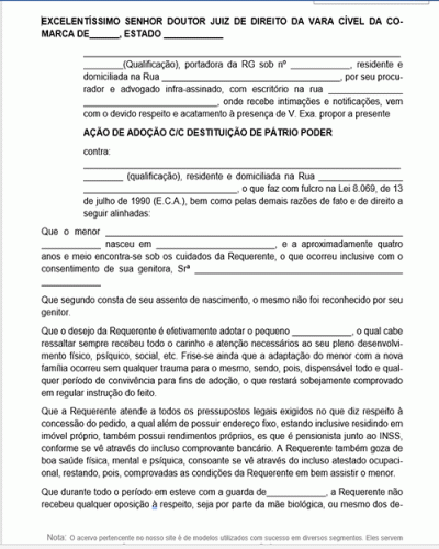 Modelo de Petição Ação de Adoção com Destituição do Pátrio Poder