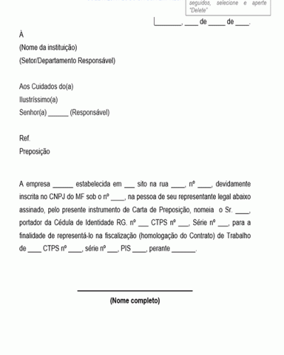 Modelo de Carta de Preposição Preposto para Representar Empresa em fiscalização no trabalho