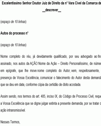 Modelo de Petição para Extinção do feito - Falecimento do autor - Direito Personalíssimo - Conforme Novo CPC