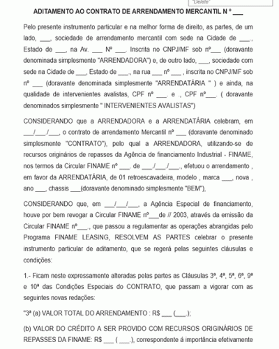 Modelo de Aditamento a Contrato de Arrendamento Mercantil