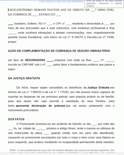 Modelo de Petição Inicial Ação de Complementação de Cobrança de Seguro Obrigatório