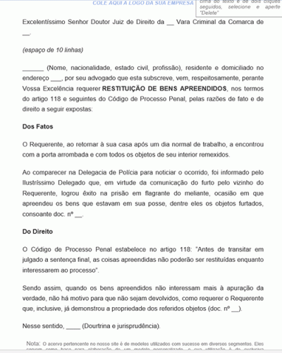 Modelo de Petição pedido de restituição de bem apreendido Coisas apreendidas