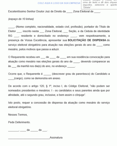 Modelo De Petição De Solicitação De Dispensa Para Serviço Obrigatório