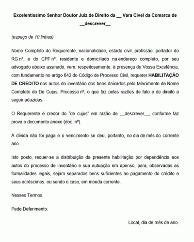 Modelo de Petição para Habilitação de crédito - Inventário e Partilha de Bens - Conforme Novo CPC