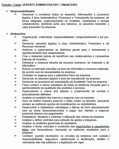 Modelo de Descrição de Cargo - Gerente Administrativo e Financeiro