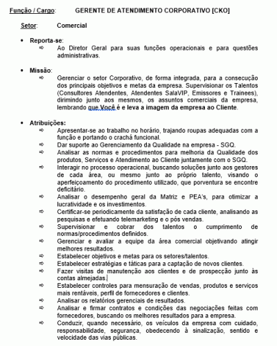 Modelo de Descrição de Cargo - Gerente Atendimento Corporativo