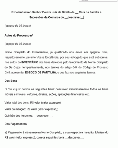 Modelo de Petição para Inventário e Partilha - Esboço de partilha - Conforme Novo CPC