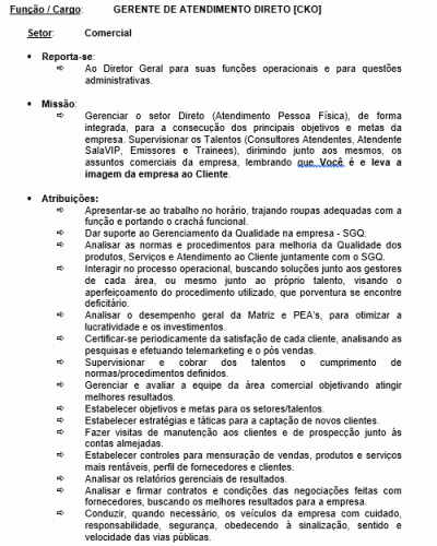 Modelo de Descrição de Cargo - Gerente Atendimento Direto