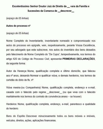 Modelo de Petição para Inventário e partilha - Primeiras declarações - Conforme Novo CPC