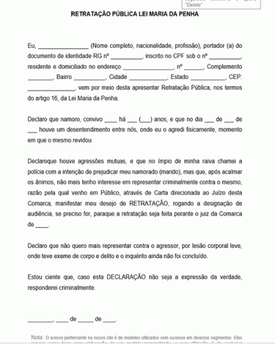 Modelo de Declaração Carta de Retratação Pública Lei Maria da Penha