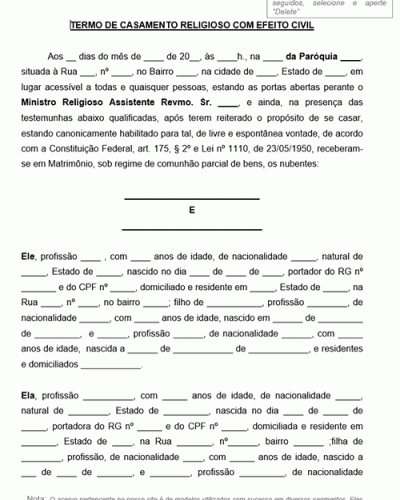 Modelo de Termo de Casamento Religioso com Efeito Civil