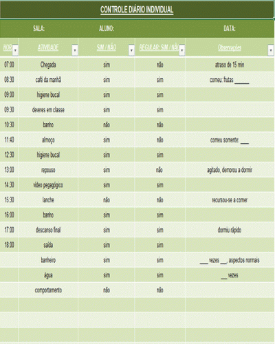 Modelo de Controle Diário individual para Creche Berçário Jardim