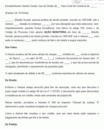 Modelo de Ação Monitória Cheque Prescrito Novo CPC