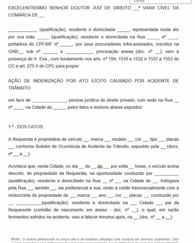 Modelo de Petição de Ação de Indenização por Morte em Acidente de Trânsito