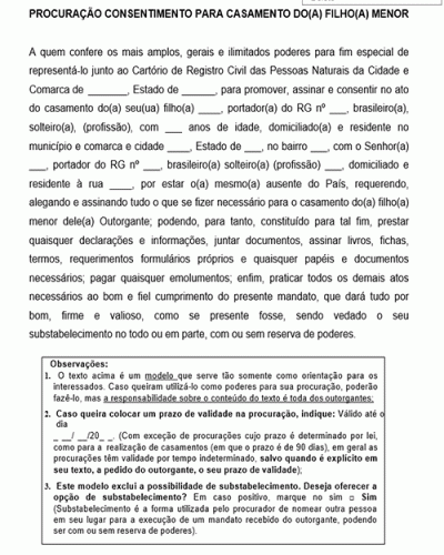 Modelo de Procuração Consentimento para Casamento do filho Menor