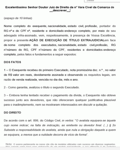 Modelo de Petição para Execução de nota promissória contra emitente e avalista