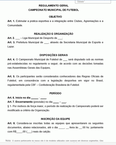 Modelo de Termo de Procedimento e Normas de Campeonato de Futebol