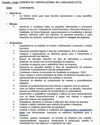 Modelo de Descrição de Cargo - Gerente de RH e Controladoria